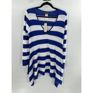 Tommy Bahama V-neck Striped Asymmetrical Cover Up Knit Sweater Blue/ White Small